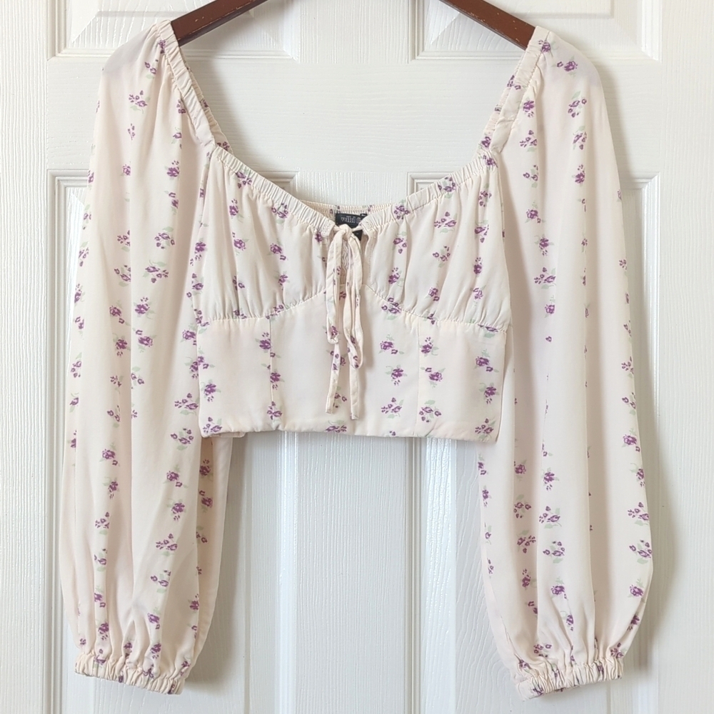 Wild Fable Boho Floral Quarter Balloon Sleeve Bustier Crop Top Cream Purple XS - Picture 1 of 11